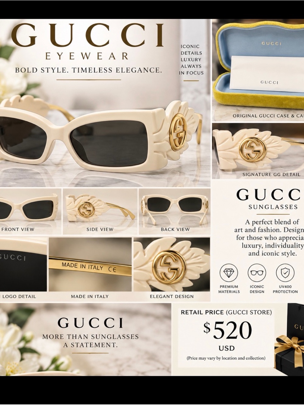 Gucci Cream Frame Sunglasses with Gold GG Emblems